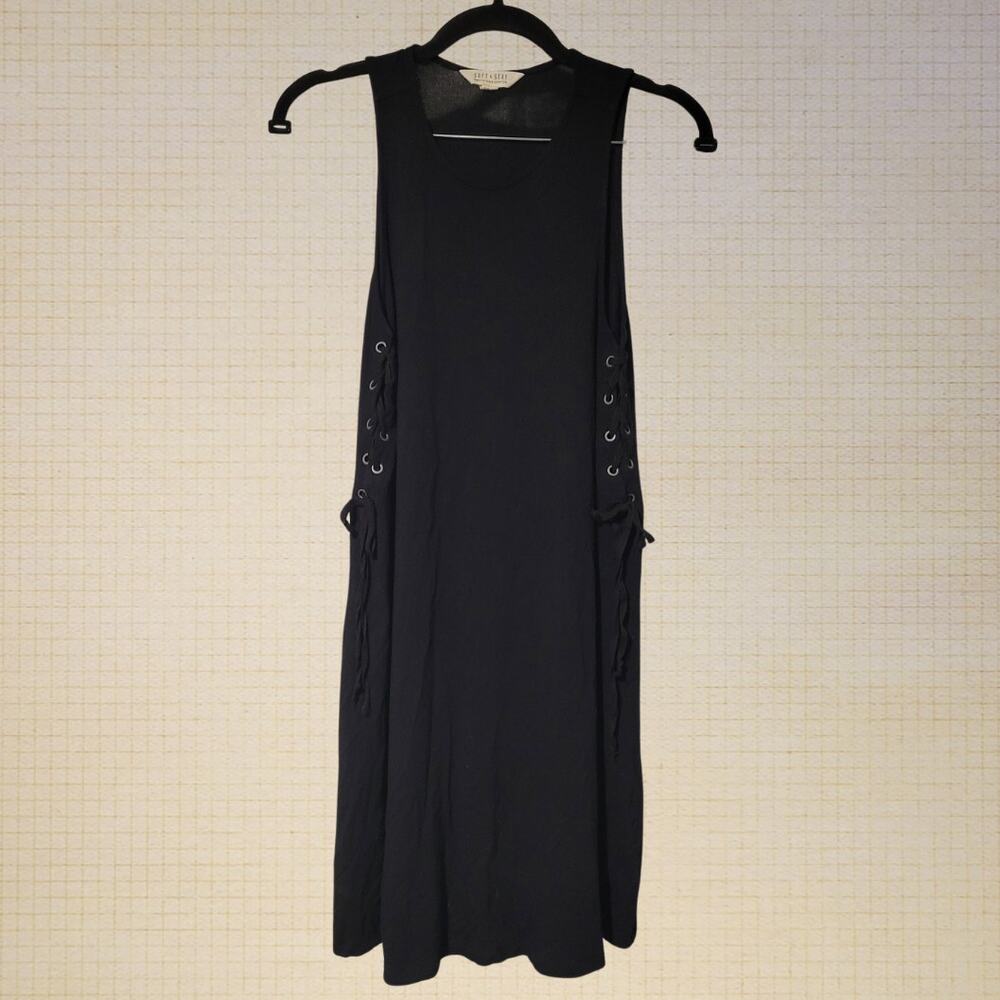 y2k Modern Black Sleeveless Midi Dress Side Corset Detail Small AEO Soft Sexy